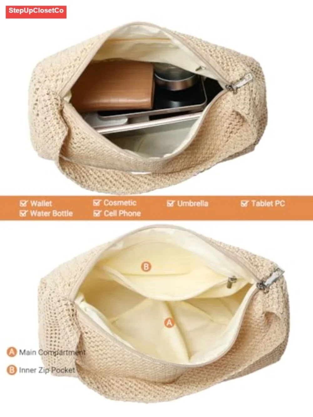 Straw Weave Small Hobo Handbag Top Handle Zipper Shoulder Bag